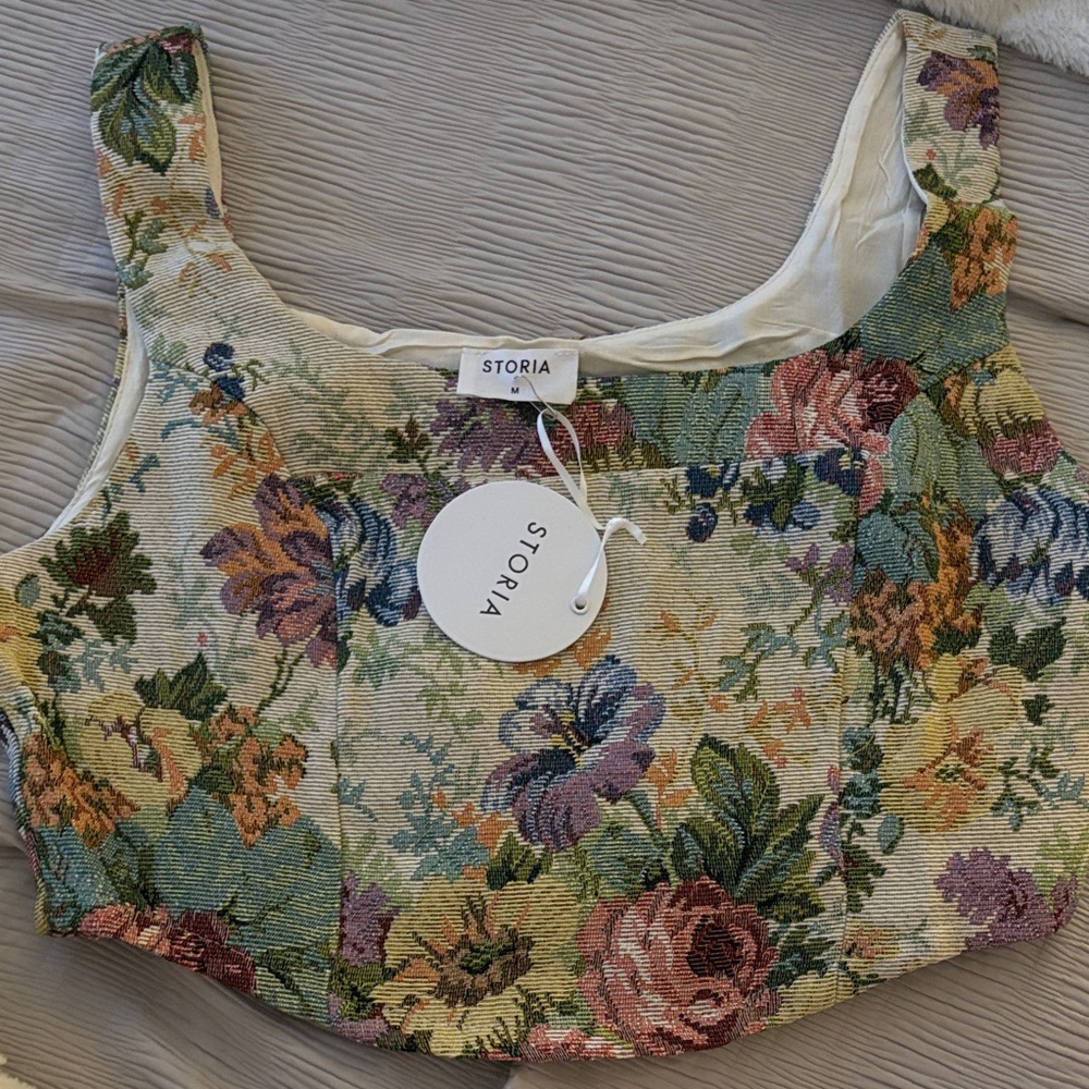 Storia Floral Brocade Crop Top in Cream, Green, Pink, Blue